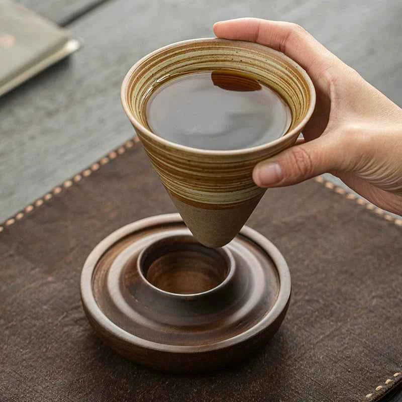 Handmade Cone Ceramic Mug with Wooden Saucer – Retro Stoneware Cup for Coffee & Tea