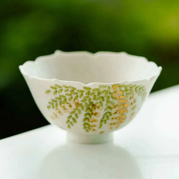 Handmade Ceramic Teacup with Green Leaf Design – 50ml Traditional Chinese Tea Cup