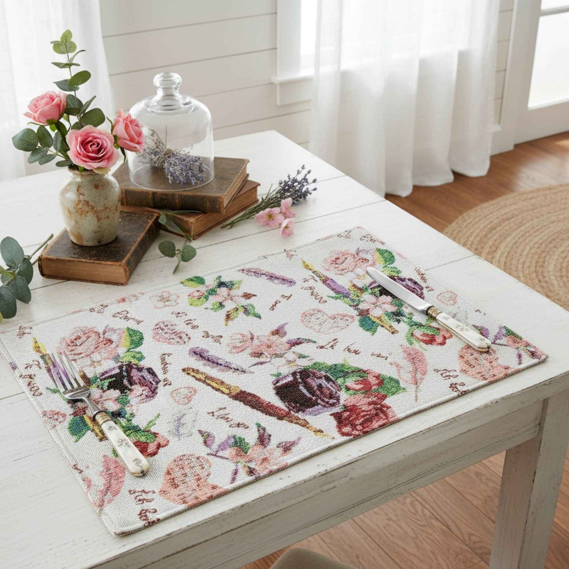 DaDa Bedding Set of 4-Pieces Sweet Love Notes Pink Floral Tapestry Dining Table Placemats 13” x 19”