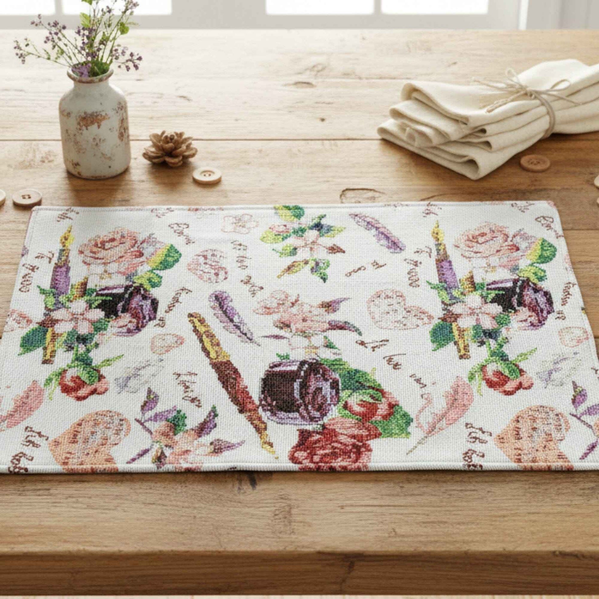 DaDa Bedding Set of 4-Pieces Sweet Love Notes Pink Floral Tapestry Dining Table Placemats 13” x 19”