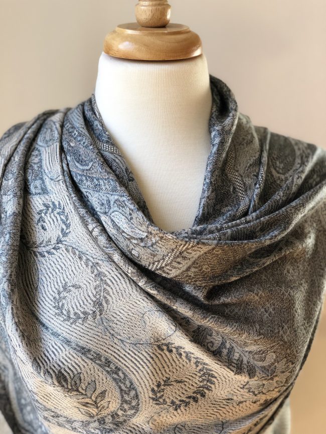 Grey Jamawar Pashmina Modal Silk Scarf Reversible Fringed - Elegant Grey Jamawar Pashmina Scarf - Rosetta Creative Boutique