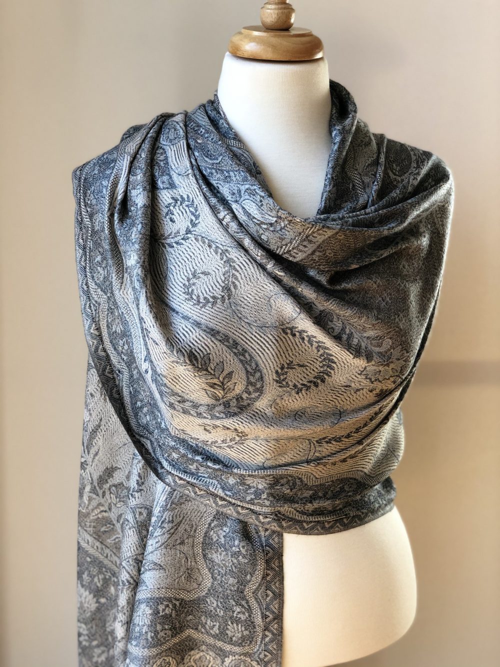 Grey Jamawar Pashmina Modal Silk Scarf Reversible Fringed - Elegant Grey Jamawar Pashmina Scarf - Rosetta Creative Boutique