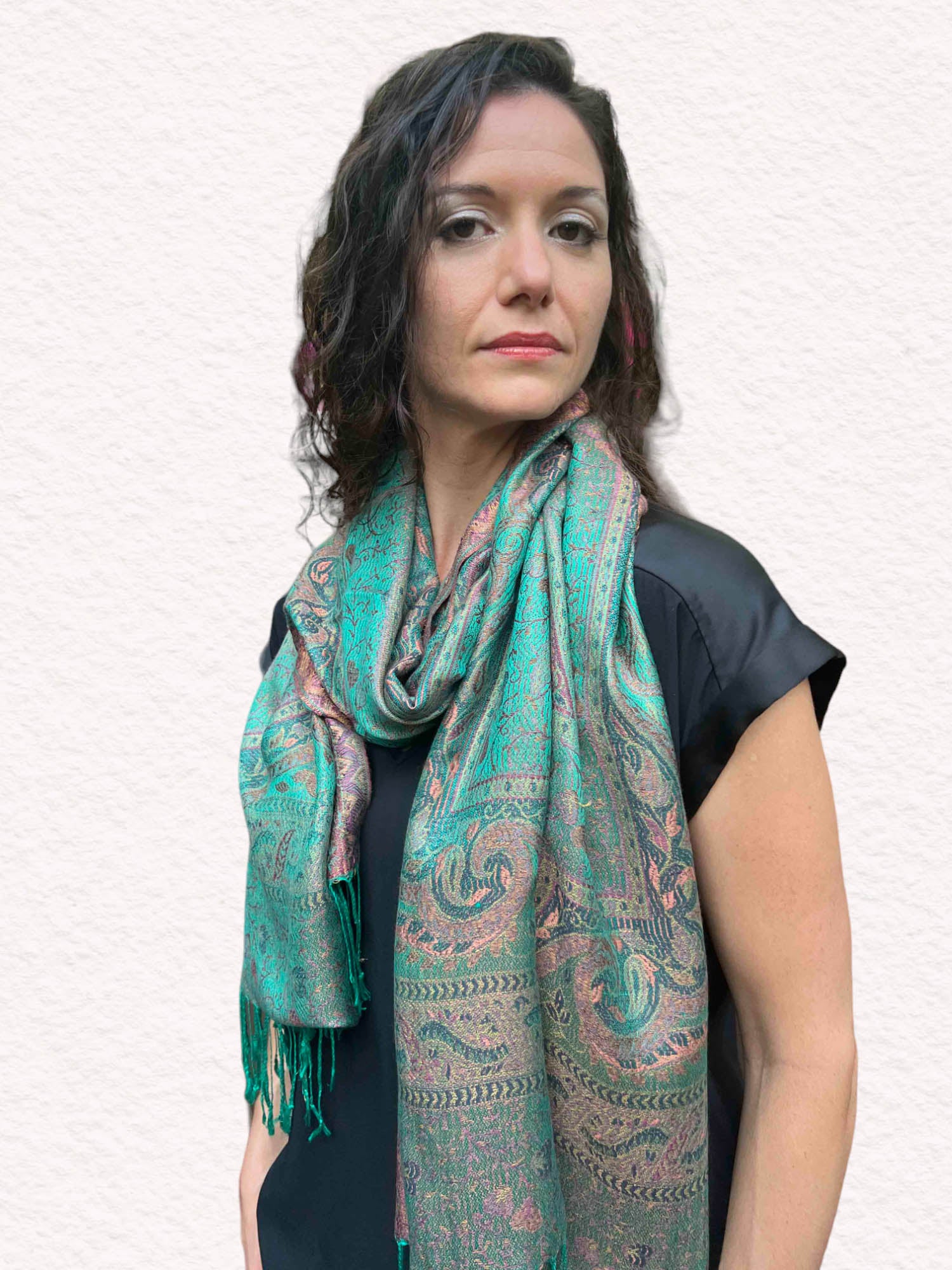 Emerald Green Pashmina Scarf - Reversible Jamawar Modal Silk - Rosetta Creative Boutique