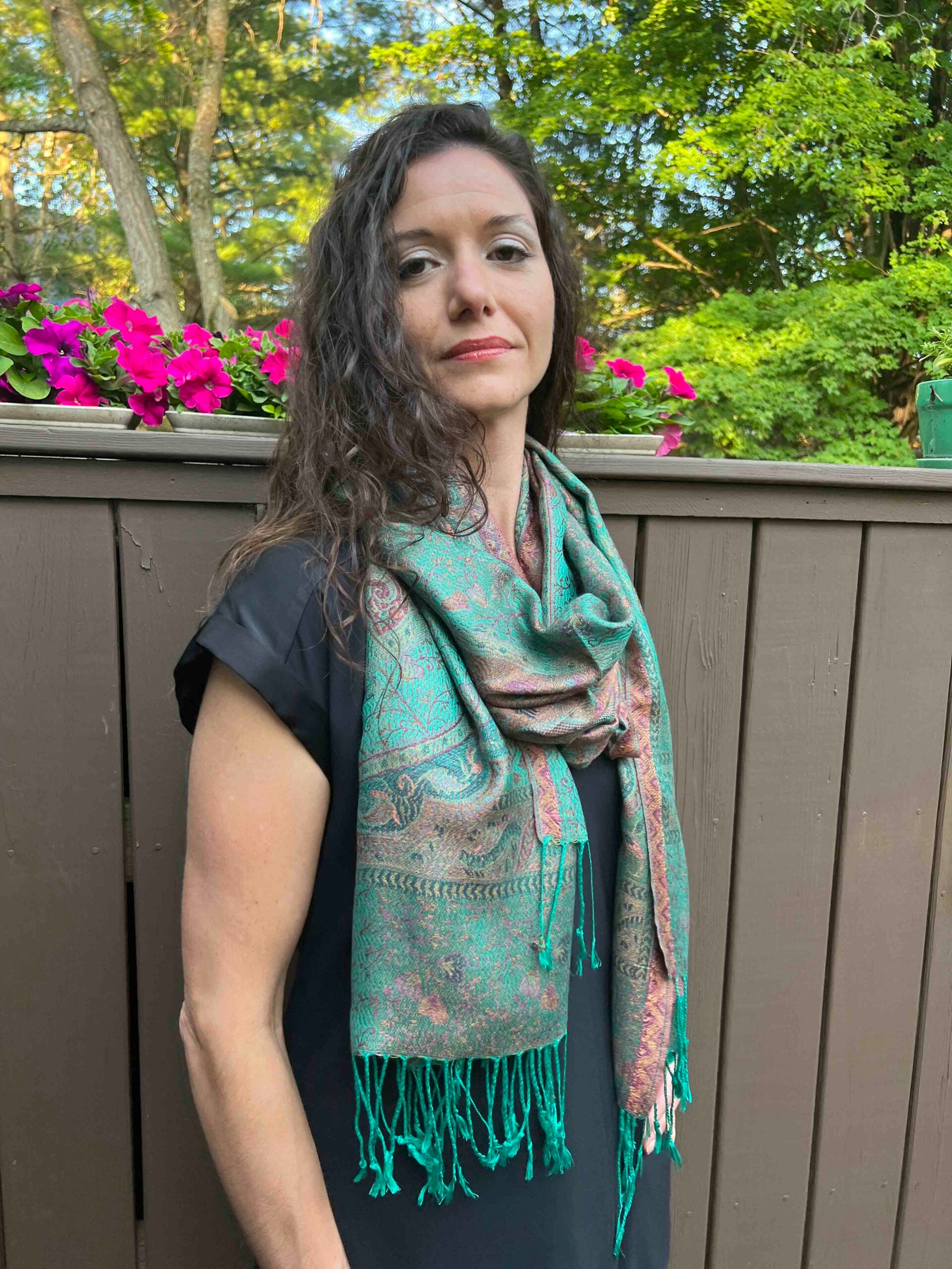 Emerald Green Pashmina Scarf - Reversible Jamawar Modal Silk - Rosetta Creative Boutique