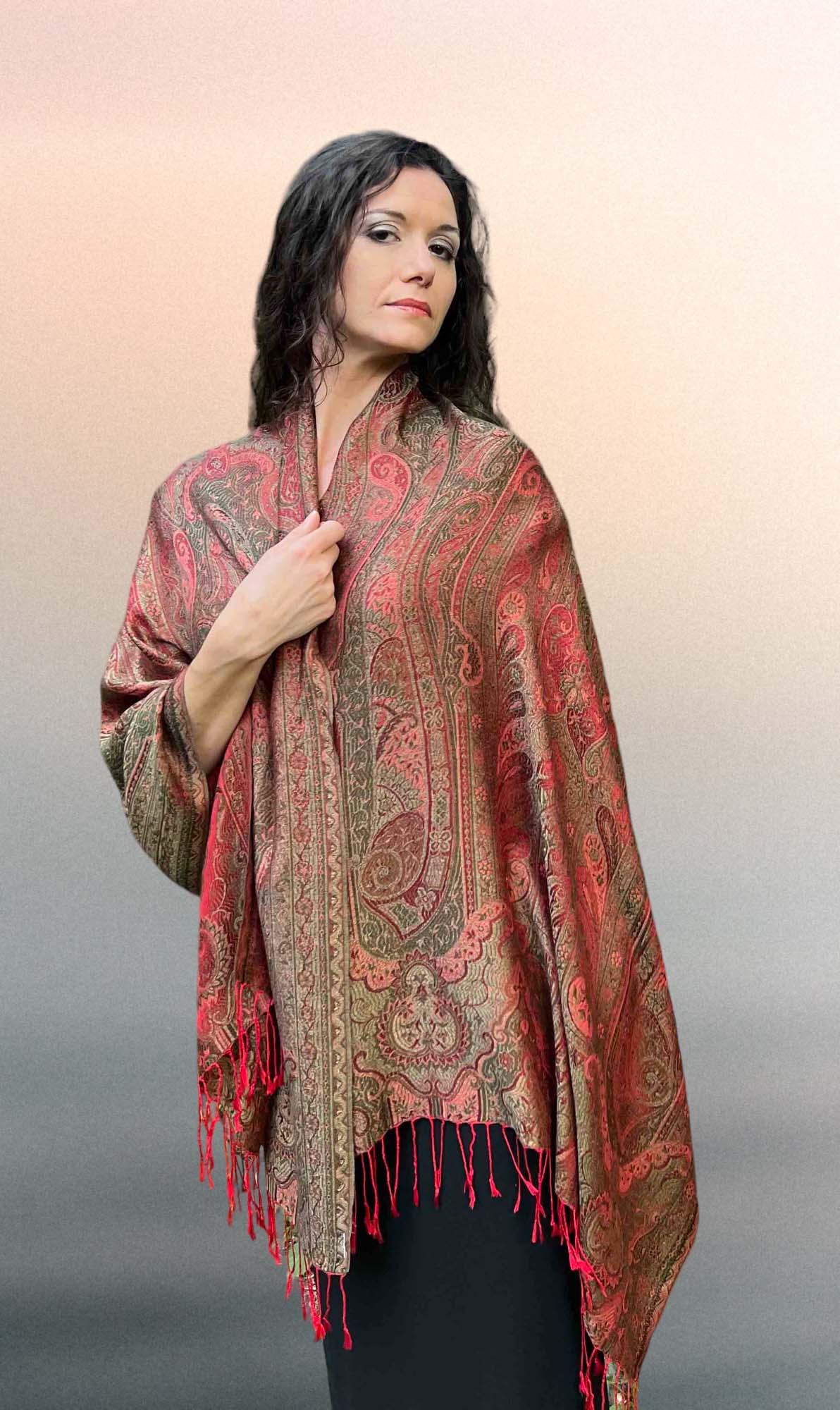 Red Pashmina Scarf - Luxurious Reversible Jamawar Fringed Wrap - Rosetta Creative Boutique