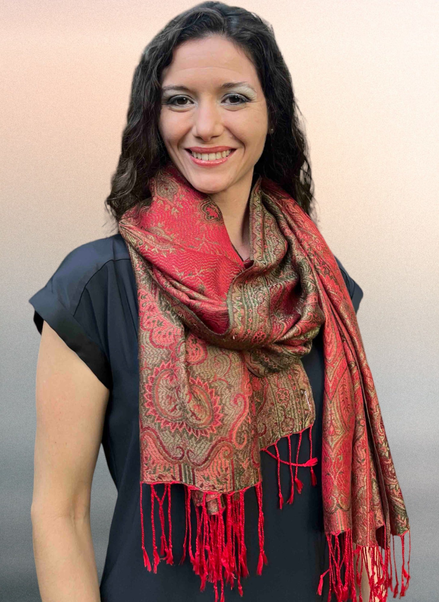 Red Pashmina Scarf - Luxurious Reversible Jamawar Fringed Wrap - Rosetta Creative Boutique