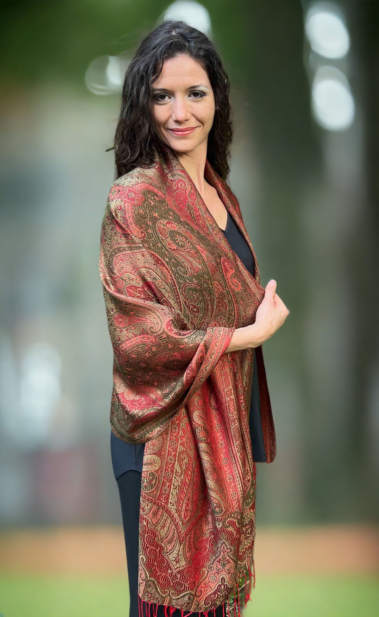 Red Pashmina Scarf - Luxurious Reversible Jamawar Fringed Wrap - Rosetta Creative Boutique