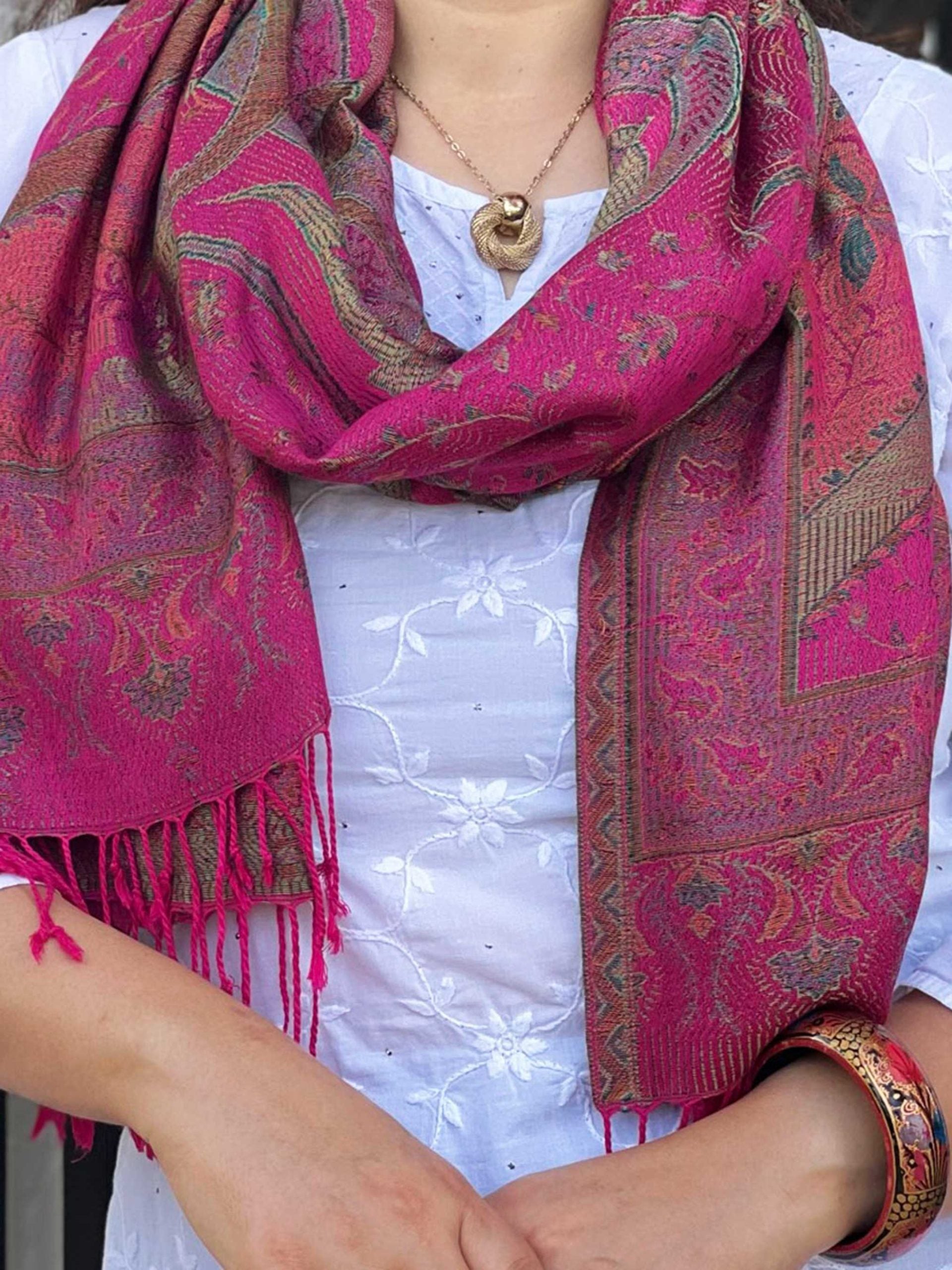 Fuschia Jamawar Pashmina Scarf Reversible Fringed Wrap - Rosetta Creative Boutique