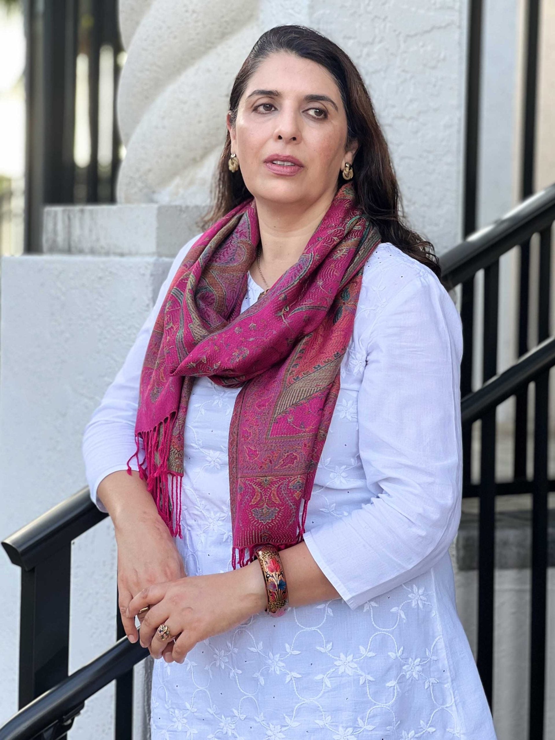 Fuschia Jamawar Pashmina Scarf Reversible Fringed Wrap - Rosetta Creative Boutique