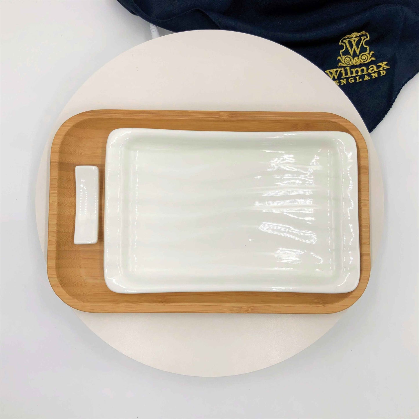 Three Piece Japanese Sushi Set For One With Chopstick Rest And Two Platters