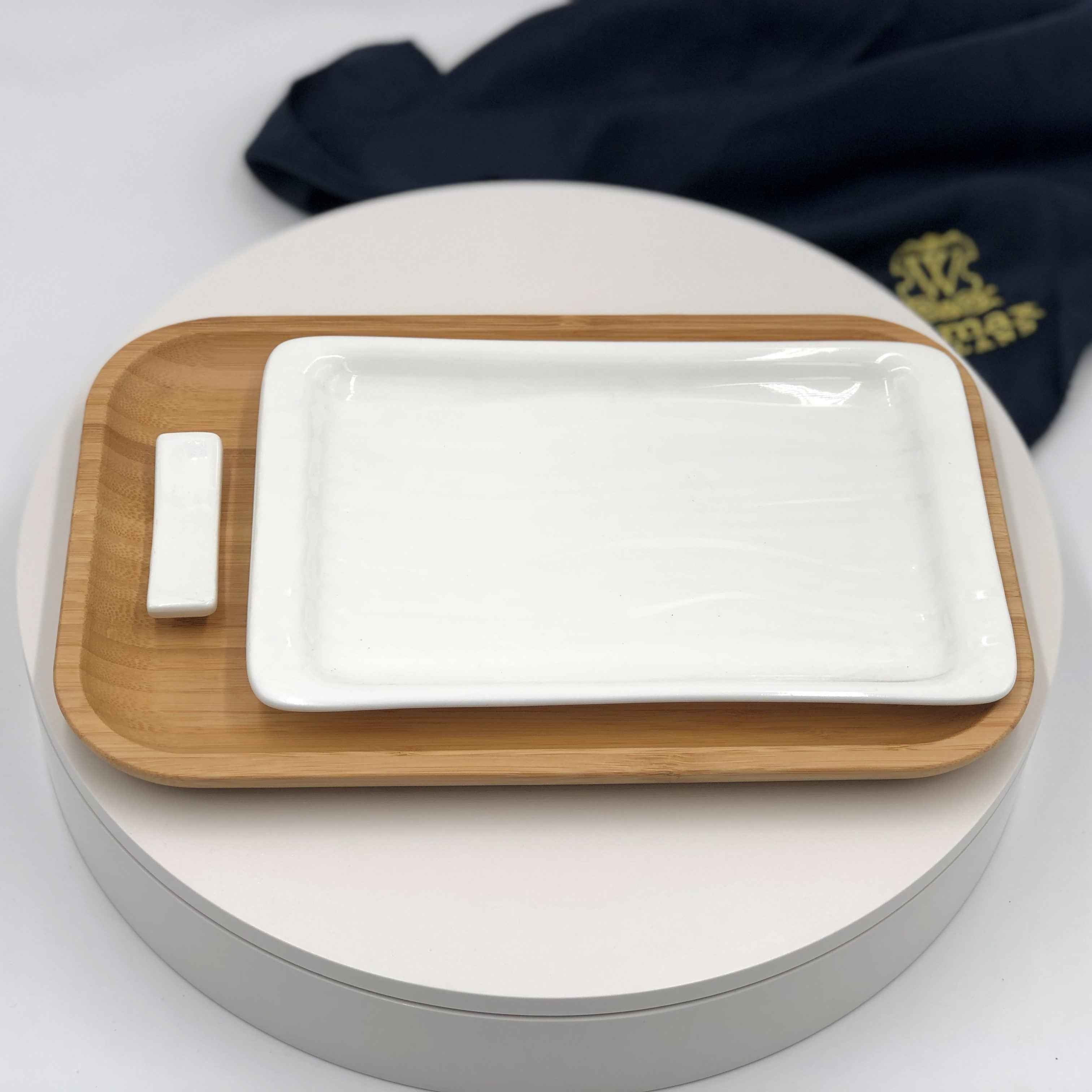 Three Piece Japanese Sushi Set For One With Chopstick Rest And Two Platters