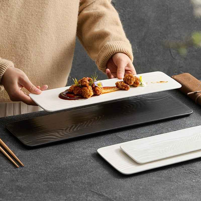 Ceramic Rectangular Sushi & Dessert Plate – Water-Pattern Tray in Black or White, 3 Sizes