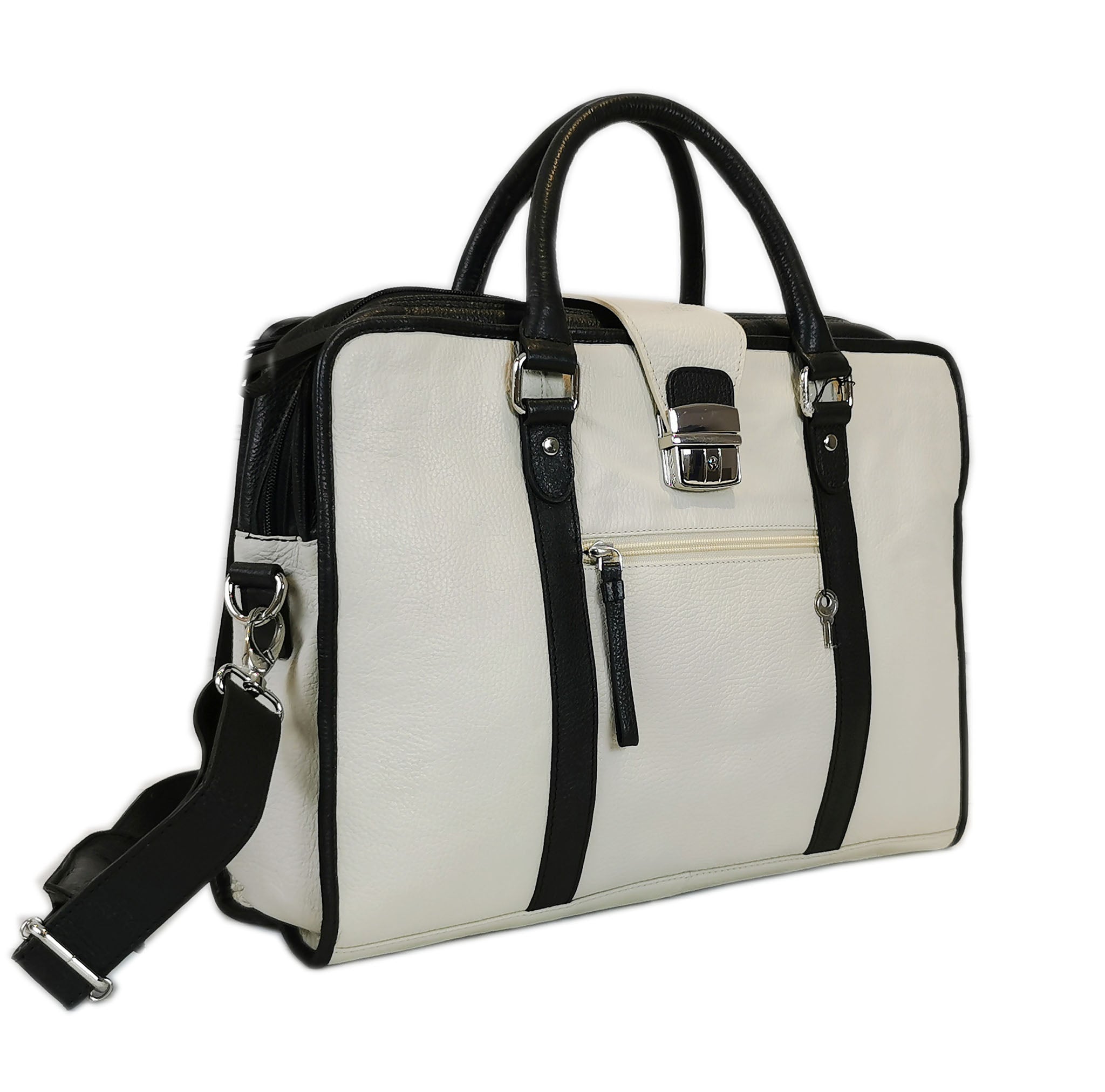 Premium White Top Grain Leather Briefcase 14 Inch Laptop With Lock - Rosetta Creative Boutique