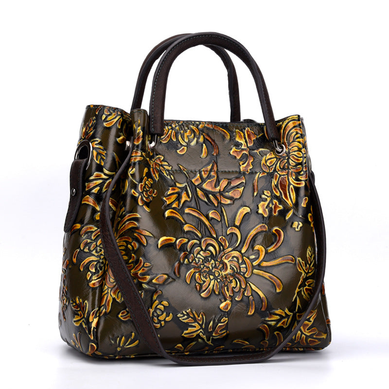 Floral Embossed Three Dimensional Genuine Leather Messenger Bag For Women
