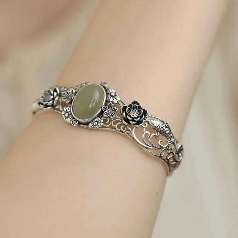 Hotan Green Jade Lotus & Koi Carved Bracelet