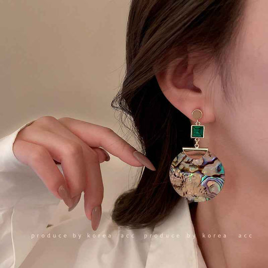 Silver Pin Emerald Shell Hoop Earrings with Diamonds