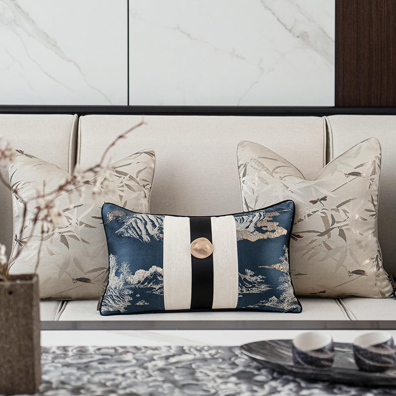 Oriental Landscape Embroidered Cushion Cover | Chinoiserie Accent Pillow