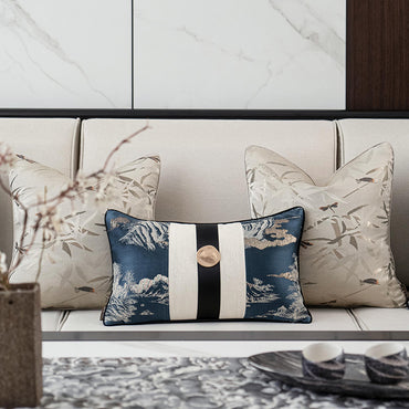 Oriental Landscape Embroidered Cushion Cover | Chinoiserie Accent Pillow