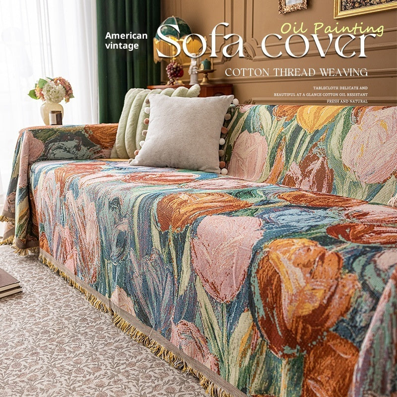 Artisan Floral Sofa Throw Cover | Vintage Oil Painting Style (100% Cotton)