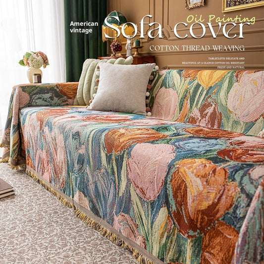 Artisan Floral Sofa Throw Cover | Vintage Oil Painting Style (100% Cotton)
