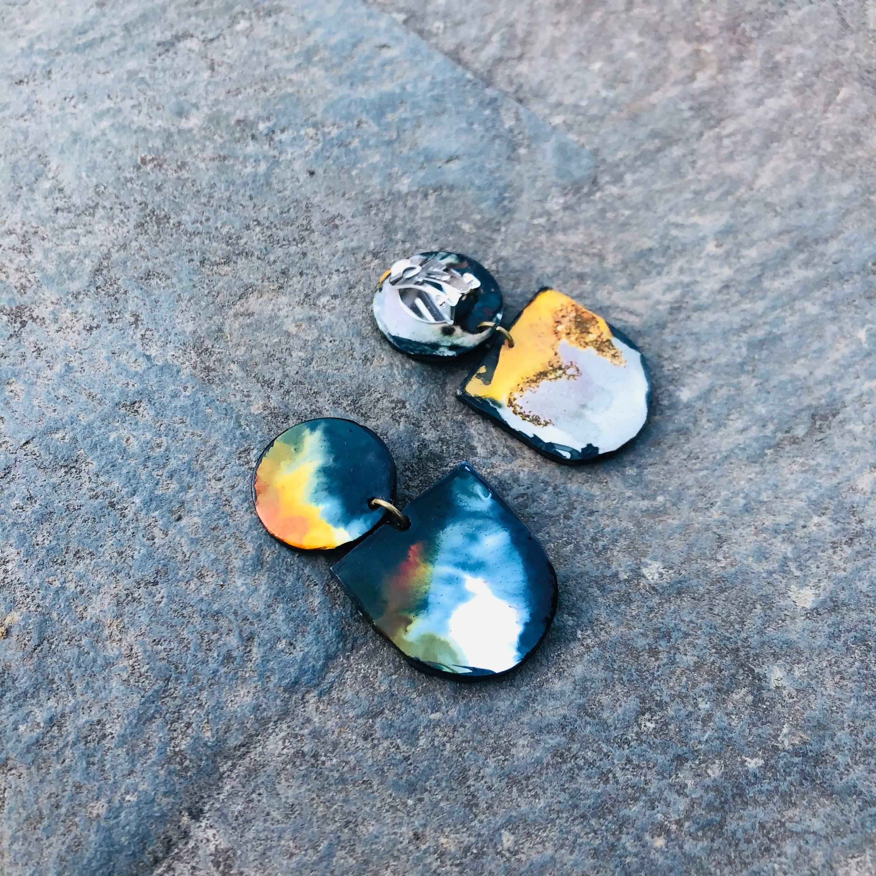 Abstract Hand Painted Earrings in Black White Yellow