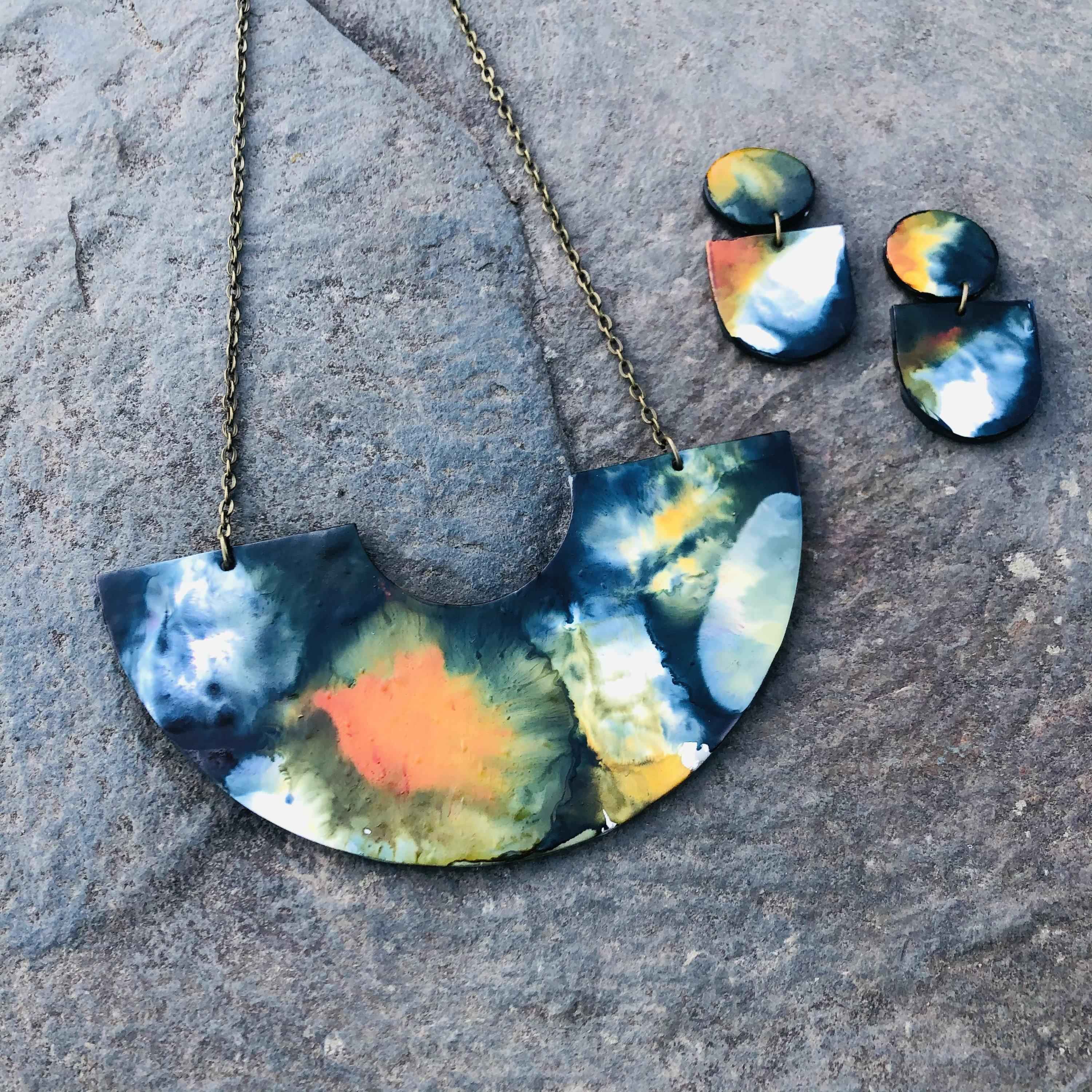 Abstract Hand Painted Earrings in Black White Yellow