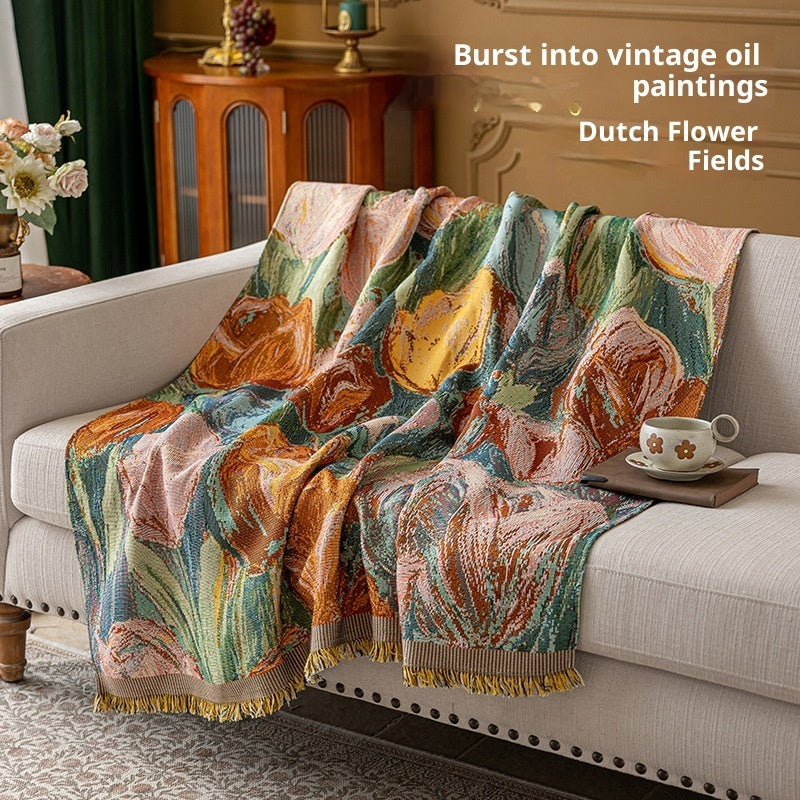 Artisan Floral Sofa Throw Cover | Vintage Oil Painting Style (100% Cotton)