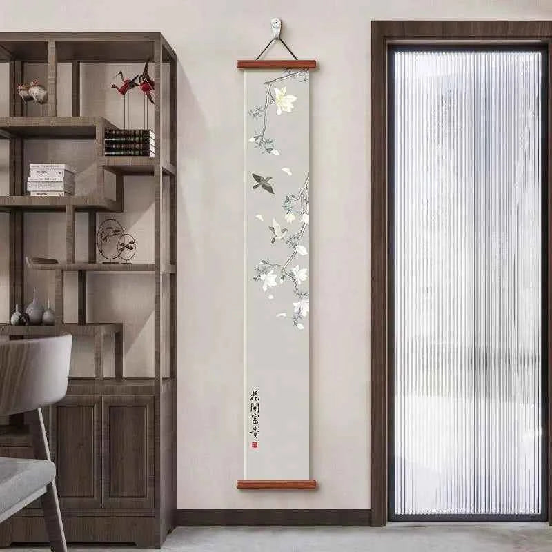 Chinese Style Wall Art, Magnolia Flower Bird Vertical Scroll Painting for Entryway Hallway – Narrow Long Posteration