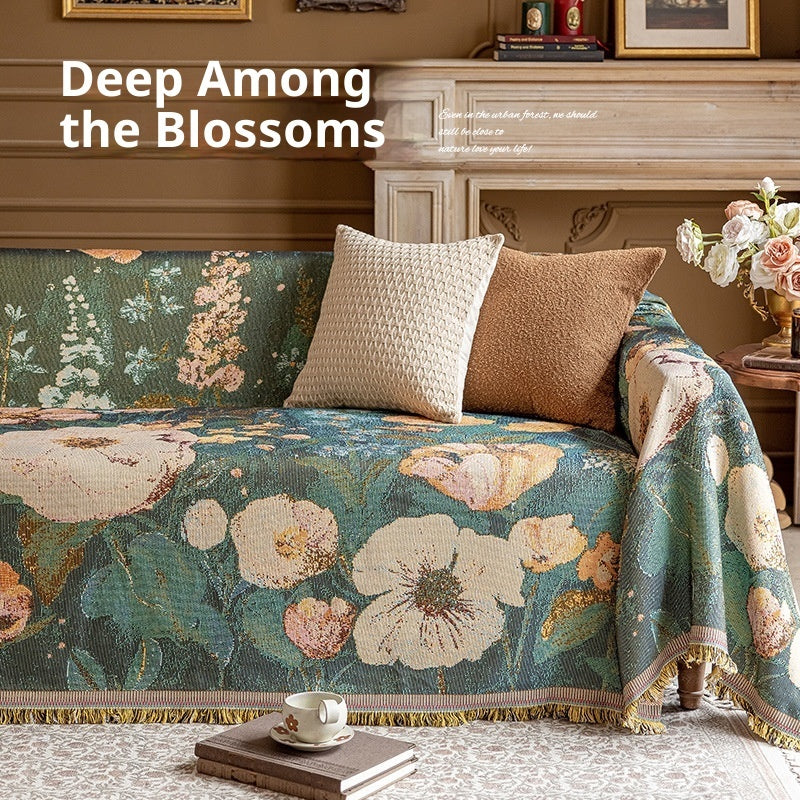 Artisan Floral Sofa Throw Cover | Vintage Oil Painting Style (100% Cotton)