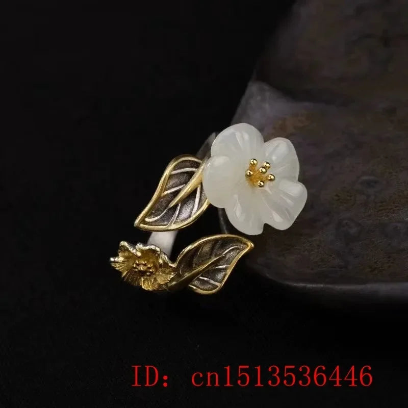 925 Silver White Hetian Jade Flower Adjustable Ring
