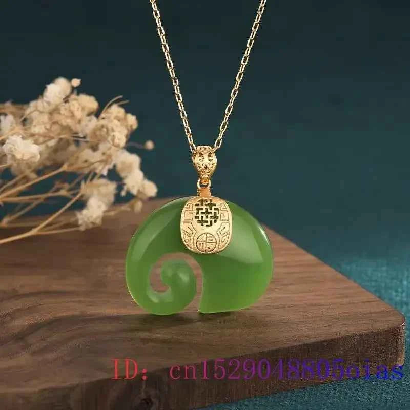 Green Jade Elephant Amulet Pendant Necklace