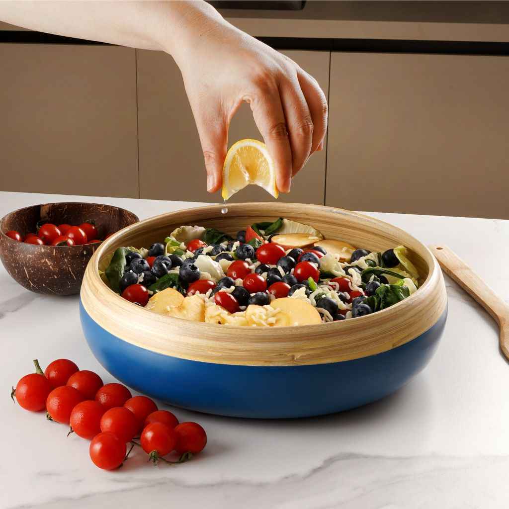 Bamboo Blue Two Tone Hand Spun Fruit Bowl And Home Decor Bowl 30cm Eco Friendly