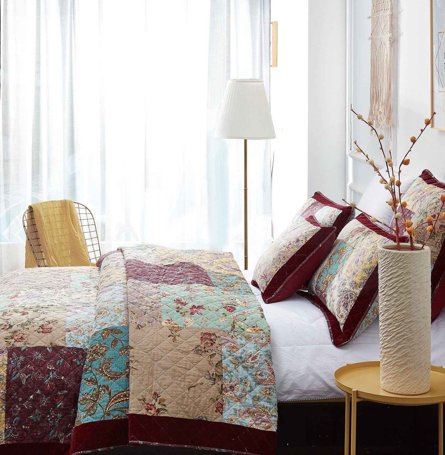 DaDa Bedding Bohemian Burgundy Red Velvet Trim Floral Paisley Patchwork Cotton Bedspreadd Set (JHW-868)