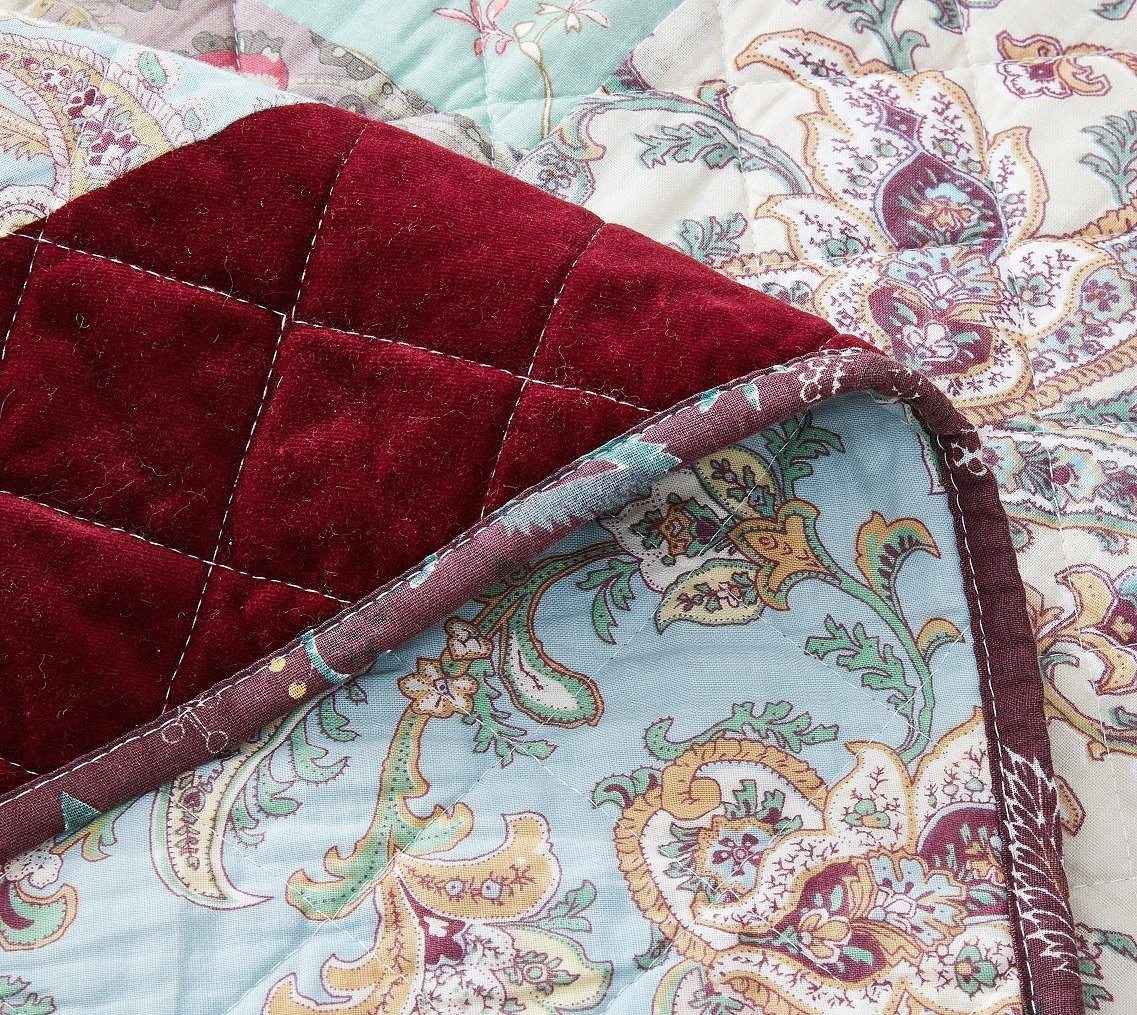 DaDa Bedding Bohemian Burgundy Red Velvet Trim Floral Paisley Patchwork Cotton Bedspreadd Set (JHW-868)