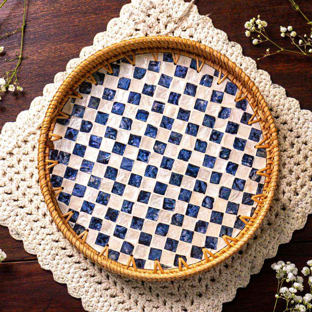 Rattan Tray With Mother Of Pearl Drift Handmade 30cm 35cm Vietnam