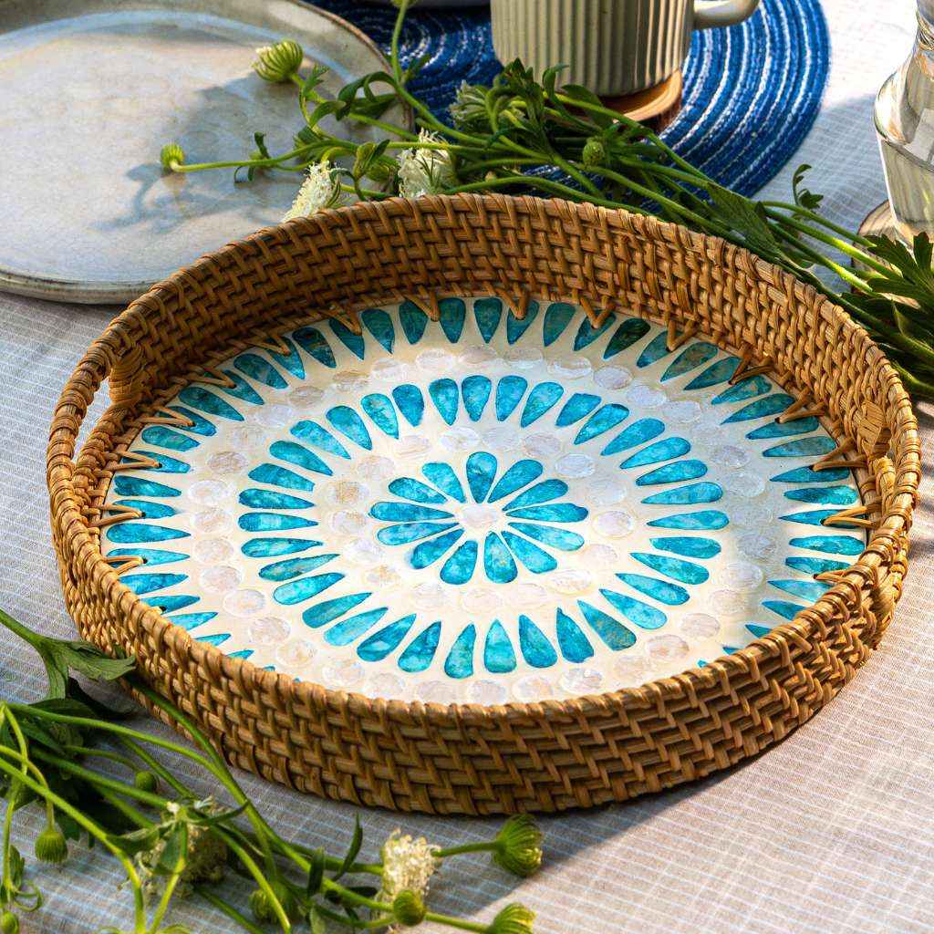 Rattan Serving Tray With Mother Of Pearl Ripple Design 30cm 35cm Jungle Culture