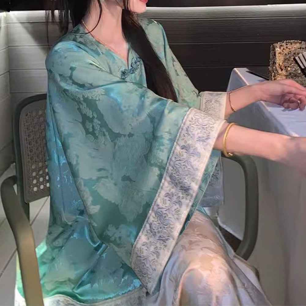 Green Loose Long Sleeve Chinese Style Jacquard Top With Knot Button