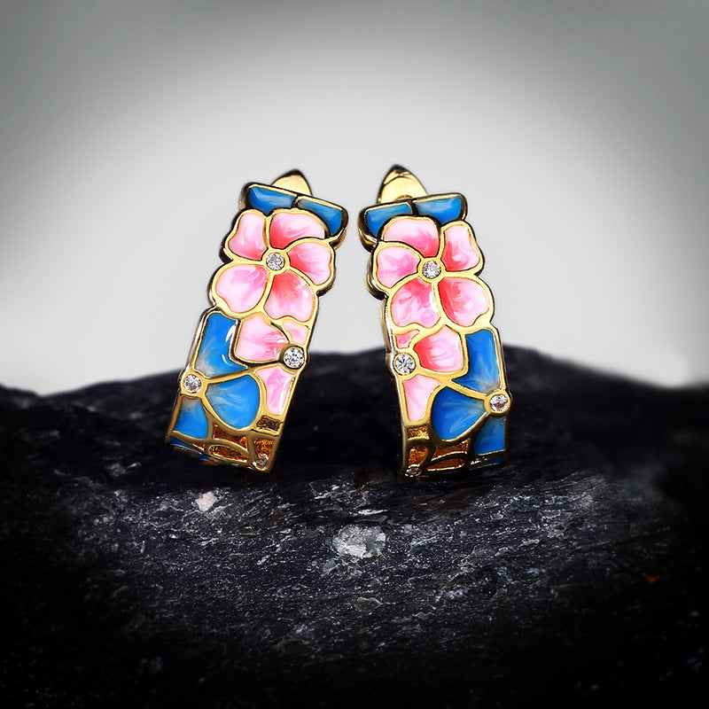 Fashion Enamel Flower Ladies Hug Earrings Retro Bohemian Round Small Earrings