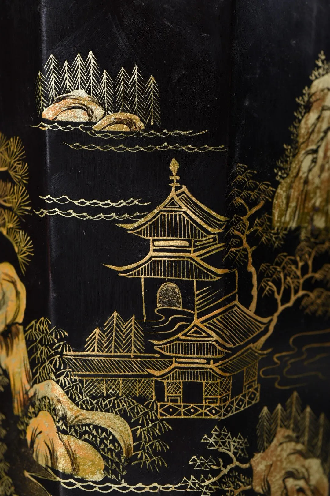 Nepalese Folk Lacquerware Pen Holder – Gold-Outlined Landscape Brush/Pen and Pencil Pot (6")
