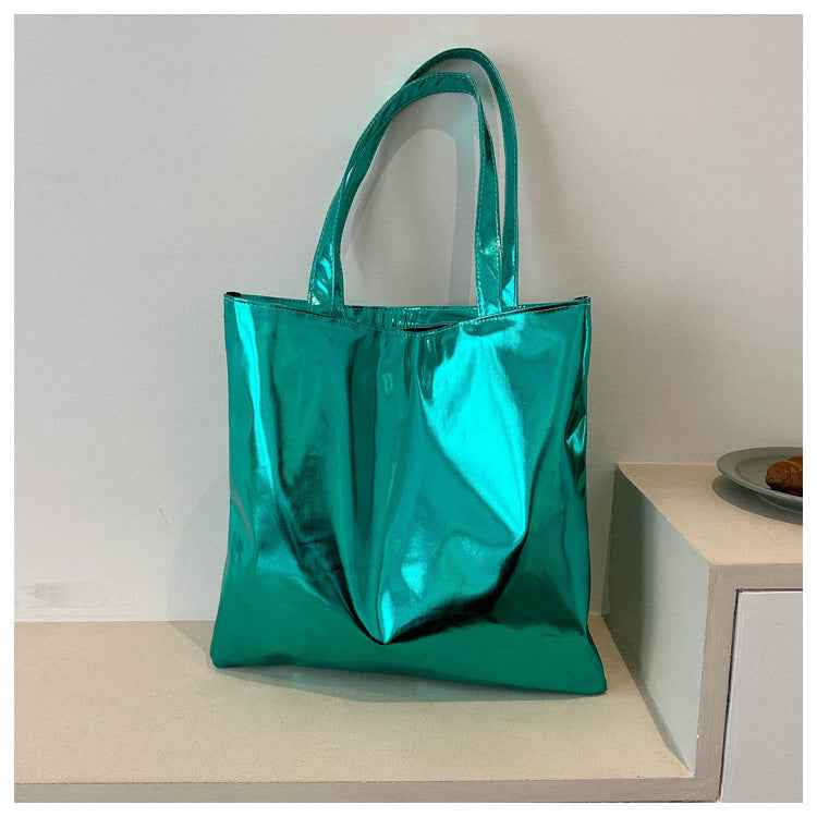 Portable Large Capacity PU Leather Shiny Shoulder Bag Commuter Tote