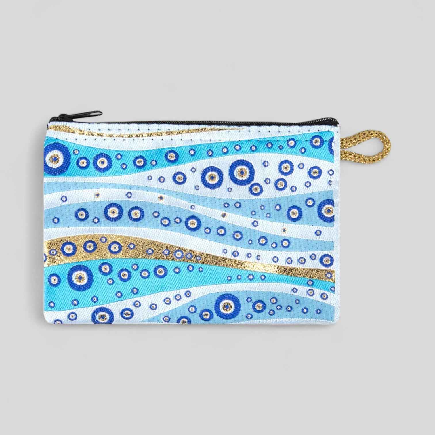 Cute Mini Wavy Evil Eye Pattern with Gold Accents Woven Zipper Coin Purse