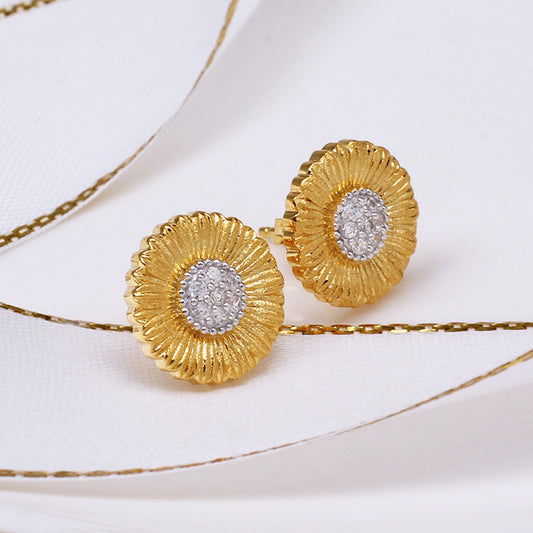 Italian Sterling Silver Brushed Daisy Stud Earrings with Gold Inlay