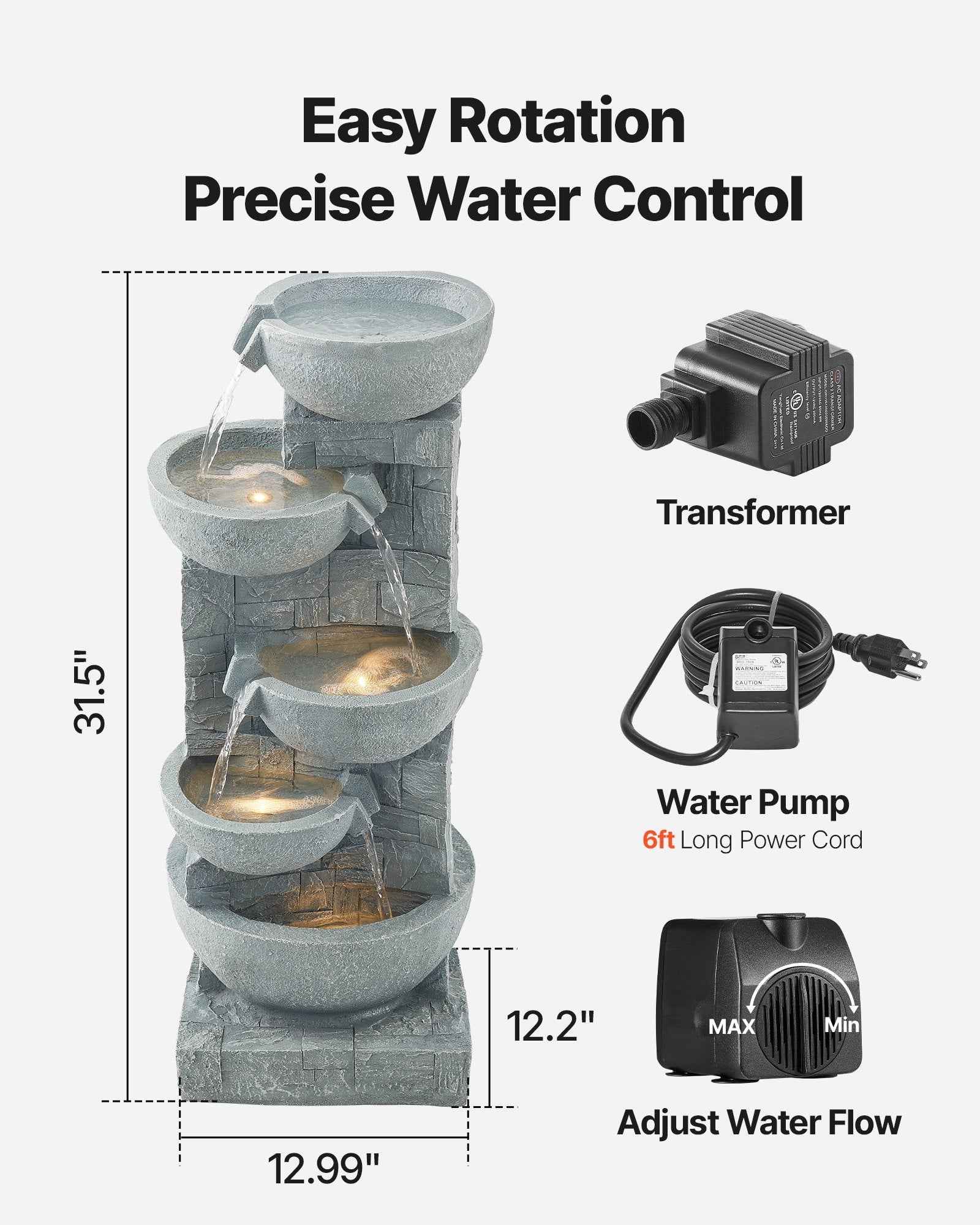 Outdoor Water Fountain 5-Tier Bowl-Shaped Cascading 31.5 cm