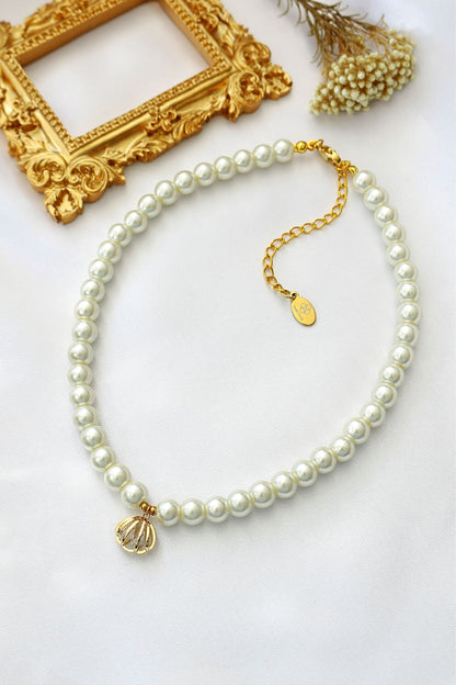 24K Seashell Czech Pearls Choker with Gold Plated Sterling Silver Charm