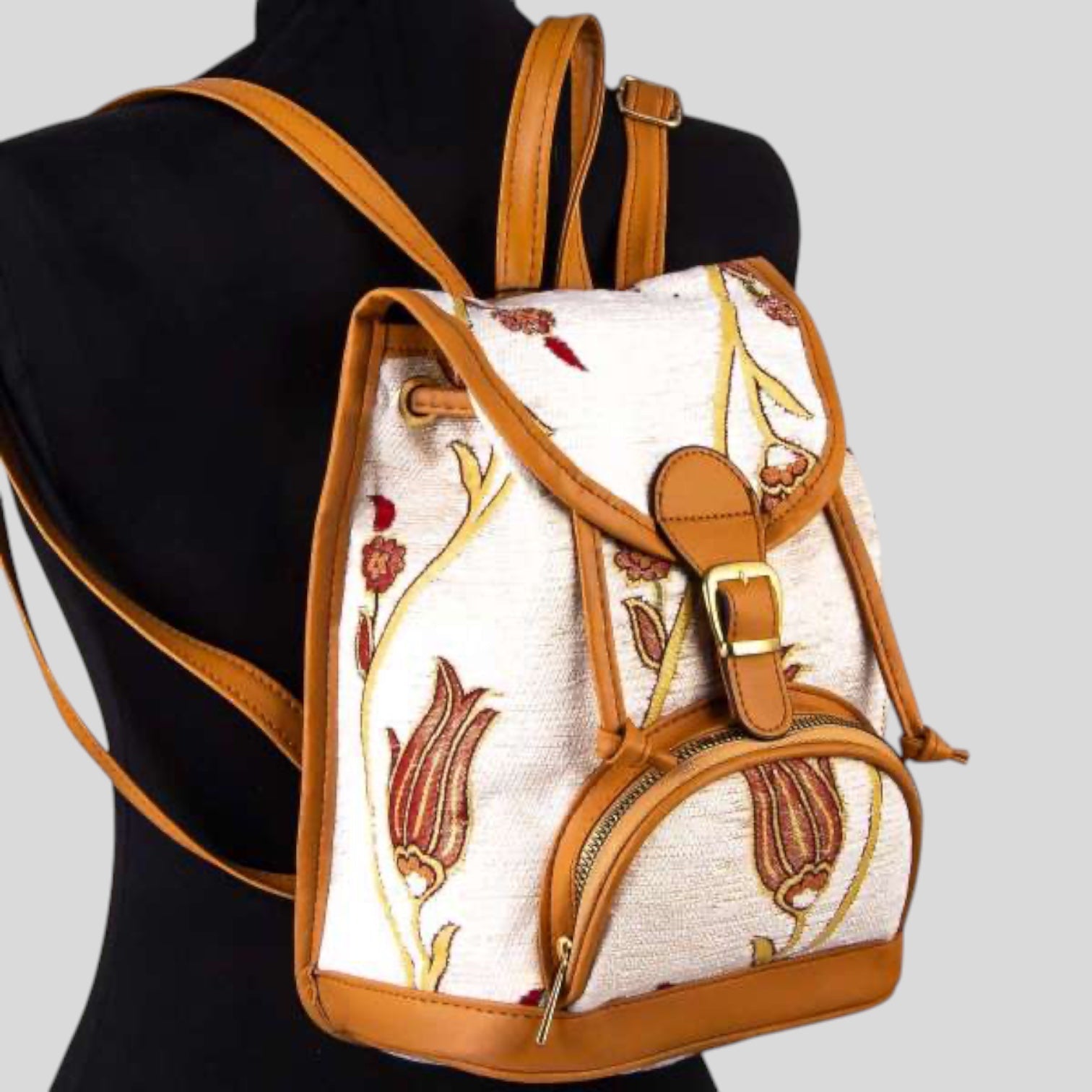 Kilim Backpack Purse Ottoman Tulips Cream Gold Turkish - Rosetta Creative Boutique
