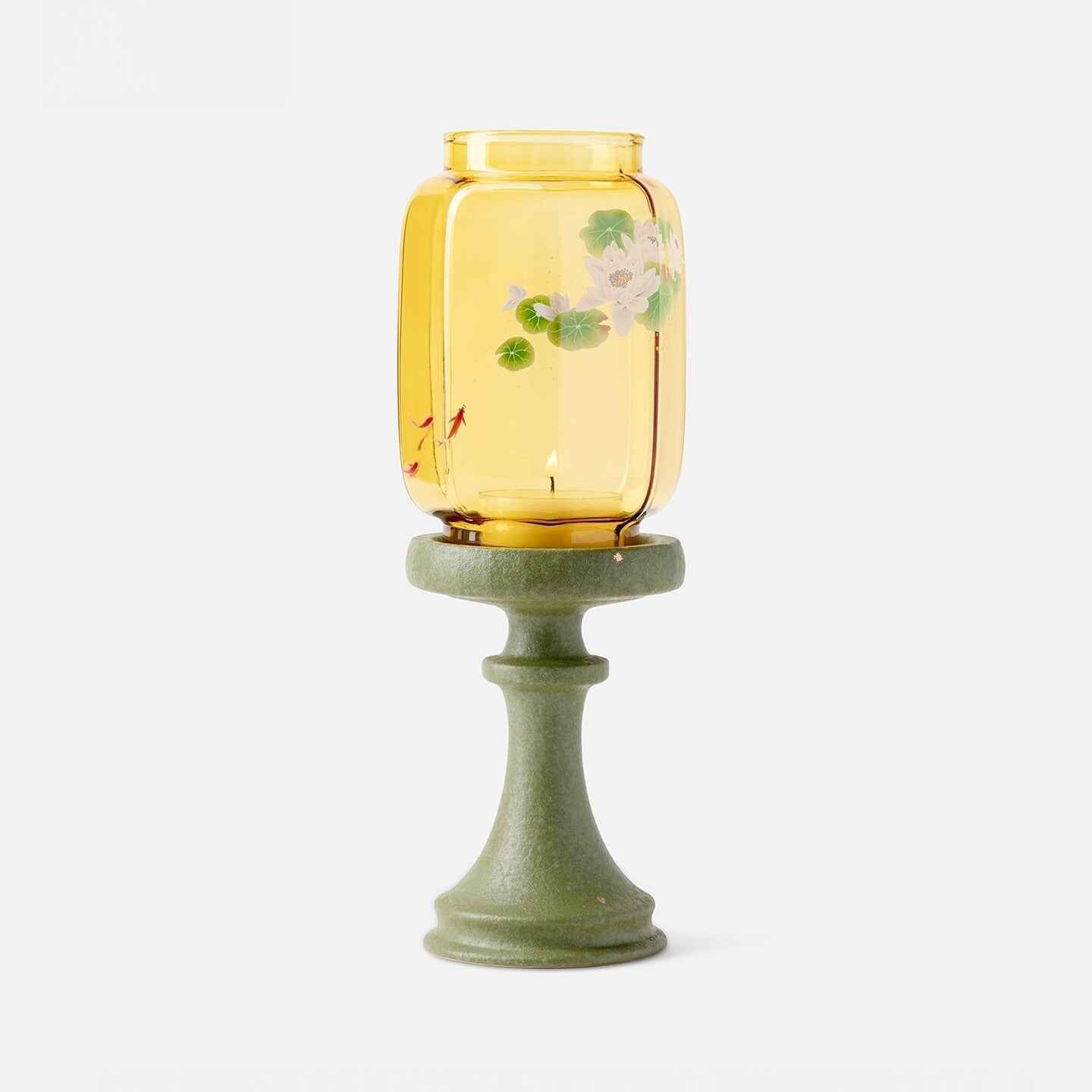 Classic Chinese Glass Candle Holder With Colored Shade And Ceramic Base