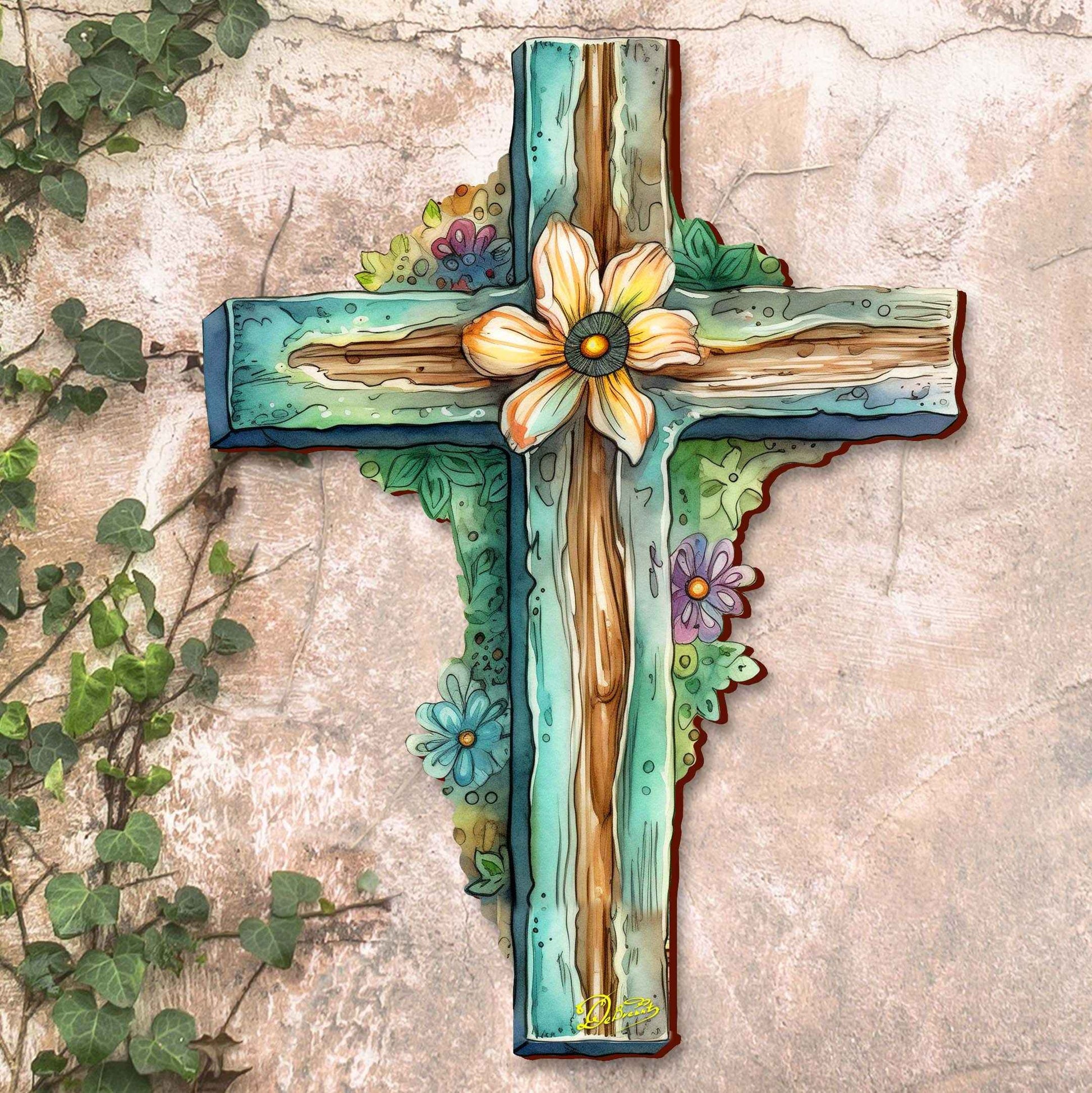 Teal Wooden Cross by G. Debrekht - Easter Spring Decor - 88164