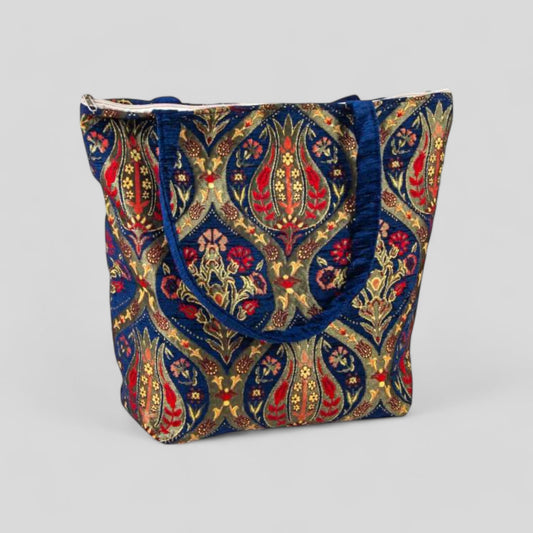 Authentic Kilim Ottoman Purse With Handles Blue Gold Red - Rosetta Creative Boutique