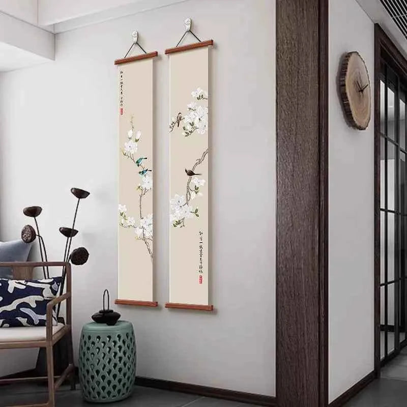 Chinese Style Wall Art, Magnolia Flower Bird Vertical Scroll Painting for Entryway Hallway – Narrow Long Posteration