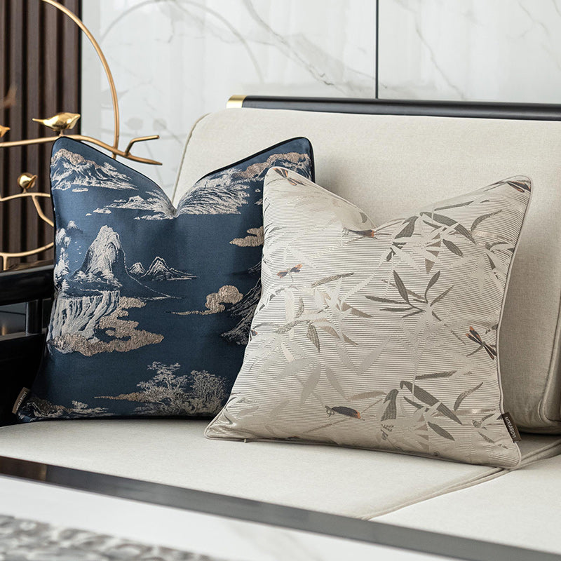 Oriental Landscape Embroidered Cushion Cover | Chinoiserie Accent Pillow